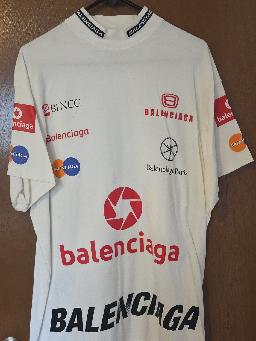 Balenciaga White Graphic Logo Tee with Red, Black & Blue Accents